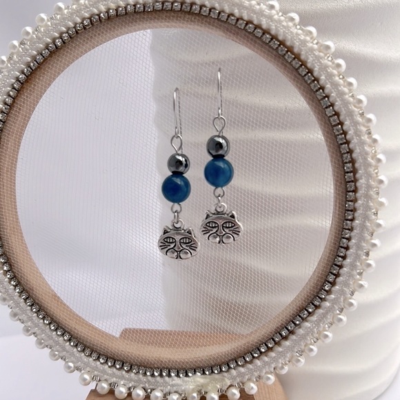Dangle Earrings Hematite, Blue Jade and Cat Charms - Picture 6 of 13